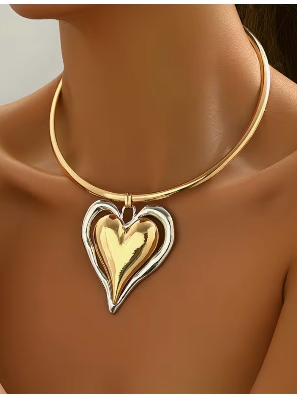 Gold/Silver Two-Tone Heart Charm Snake Chain Choker Necklace Adjustable